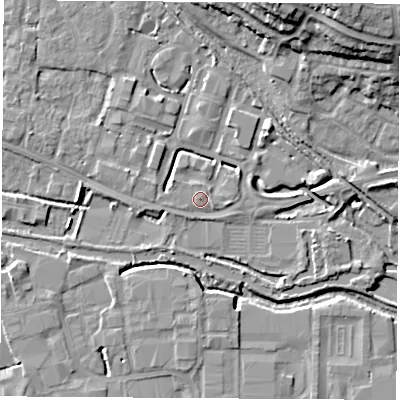 Shaded relief map of the ground around RG142BS, computed from Environment Agency LiDAR. The ground here sits at about 74 m above sea level and falls 19 m across the surrounding 800 m. Surface water reaching this point runs off ground lying to the west-north-west, 1.2 m higher.