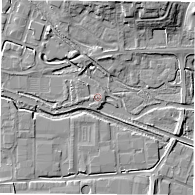 Shaded relief map of the ground around RG142BU, computed from Environment Agency LiDAR. The ground here sits at about 73 m above sea level and falls 15 m across the surrounding 800 m. Surface water reaching this point runs off ground lying to the west-south-west, 1.2 m higher.