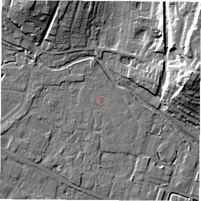 Shaded relief map of the ground around RG142BW, computed from Environment Agency LiDAR. The ground here sits at about 74 m above sea level and falls 26 m across the surrounding 800 m. Surface water reaching this point runs off ground lying to the west-south-west, 2.6 m higher.