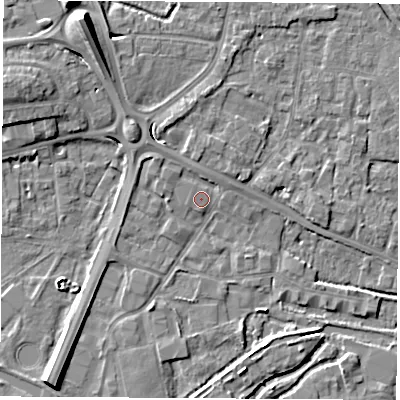 Shaded relief map of the ground around RG142BX, computed from Environment Agency LiDAR. The ground here sits at about 74 m above sea level and falls 11 m across the surrounding 800 m. Surface water reaching this point runs off ground lying to the north-west, 4.4 m higher.