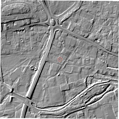 Shaded relief map of the ground around RG142BZ, computed from Environment Agency LiDAR. The ground here sits at about 74 m above sea level and falls 8 m across the surrounding 800 m. Surface water reaching this point runs off ground lying to the north-north-west, 1.6 m higher.