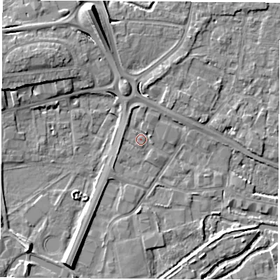 Shaded relief map of the ground around RG142DB, computed from Environment Agency LiDAR. The ground here sits at about 75 m above sea level and falls 10 m across the surrounding 800 m. Surface water reaching this point runs off ground lying to the north, 1.7 m higher.