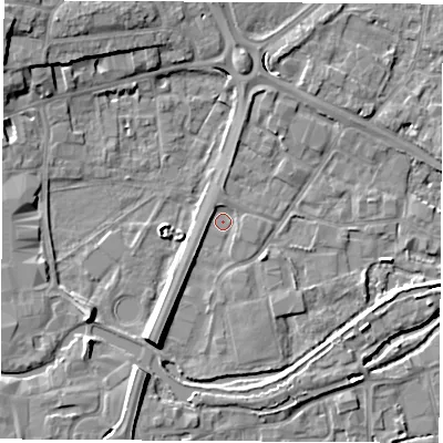 Shaded relief map of the ground around RG142DE, computed from Environment Agency LiDAR. The ground here sits at about 74 m above sea level and falls 9 m across the surrounding 800 m. Surface water reaching this point runs off ground lying to the south-south-west, 5.6 m higher.