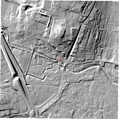 Shaded relief map of the ground around RG142DJ, computed from Environment Agency LiDAR. The ground here sits at about 76 m above sea level and falls 17 m across the surrounding 800 m. Surface water reaching this point runs off ground lying to the north, 15.9 m higher.