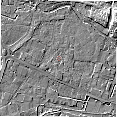 Shaded relief map of the ground around RG142DN, computed from Environment Agency LiDAR. The ground here sits at about 74 m above sea level and falls 15 m across the surrounding 800 m. Surface water reaching this point runs off ground lying to the south, 1.9 m higher.