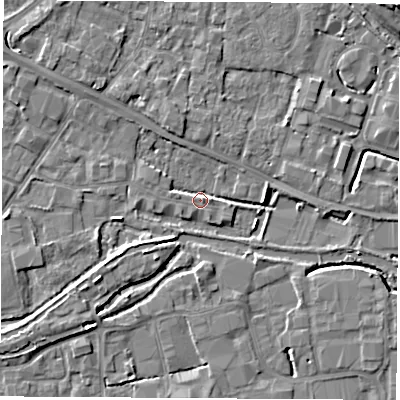 Shaded relief map of the ground around RG142DQ, computed from Environment Agency LiDAR. The ground here sits at about 74 m above sea level and falls 8 m across the surrounding 800 m. Surface water reaching this point runs off ground lying to the south-west, 4.6 m higher.
