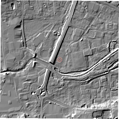 Shaded relief map of the ground around RG142DW, computed from Environment Agency LiDAR. The ground here sits at about 74 m above sea level and falls 8 m across the surrounding 800 m. Surface water reaching this point runs off ground lying to the west-south-west, 5.3 m higher.