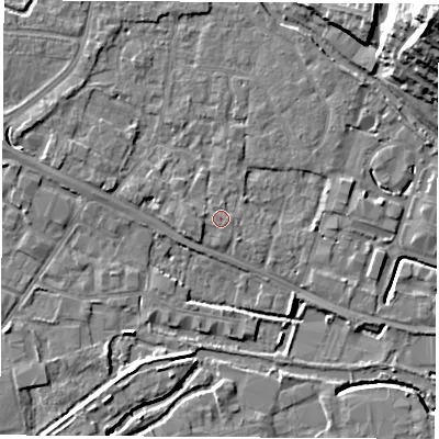 Shaded relief map of the ground around RG142EN, computed from Environment Agency LiDAR. The ground here sits at about 75 m above sea level and falls 23 m across the surrounding 800 m. Surface water reaching this point runs off ground lying to the south, 0.8 m higher.