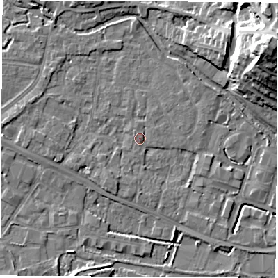 Shaded relief map of the ground around RG142ER, computed from Environment Agency LiDAR. The ground here sits at about 74 m above sea level and falls 24 m across the surrounding 800 m. Surface water reaching this point runs off ground lying to the south, 2.2 m higher.