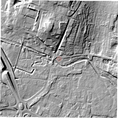 Shaded relief map of the ground around RG142EX, computed from Environment Agency LiDAR. The ground here sits at about 75 m above sea level and falls 17 m across the surrounding 800 m. Surface water reaching this point runs off ground lying to the north-north-east, 6.7 m higher.