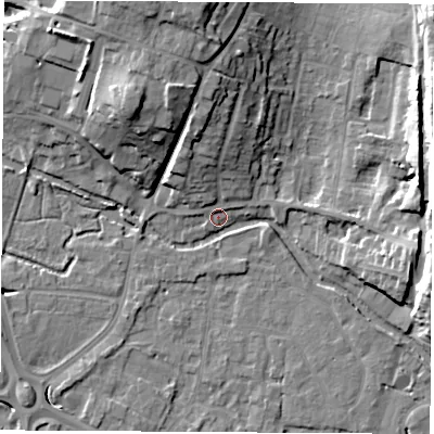 Shaded relief map of the ground around RG142EY, computed from Environment Agency LiDAR. The ground here sits at about 75 m above sea level and falls 17 m across the surrounding 800 m. Surface water reaching this point runs off ground lying to the north, 11.5 m higher.