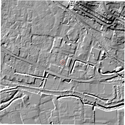 Shaded relief map of the ground around RG142FS, computed from Environment Agency LiDAR. The ground here sits at about 74 m above sea level and falls 19 m across the surrounding 800 m. Surface water reaching this point runs off ground lying to the south-south-west, 1.3 m higher.