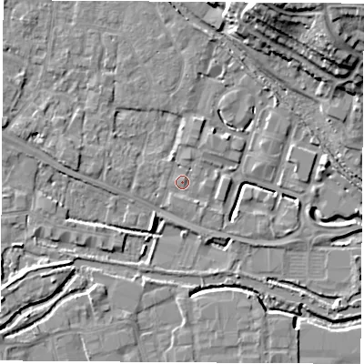Shaded relief map of the ground around RG142FT, computed from Environment Agency LiDAR. The ground here sits at about 74 m above sea level and falls 19 m across the surrounding 800 m. Surface water reaching this point runs off ground lying to the north, 2.2 m higher.