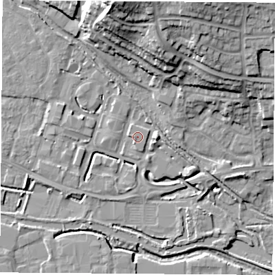 Shaded relief map of the ground around RG142FW, computed from Environment Agency LiDAR. The ground here sits at about 74 m above sea level and falls 26 m across the surrounding 800 m. The ground contributing surface water to this point lies to the west-south-west.