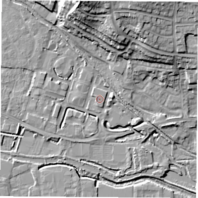 Shaded relief map of the ground around RG142FX, computed from Environment Agency LiDAR. The ground here sits at about 74 m above sea level and falls 25 m across the surrounding 800 m. Surface water reaching this point runs off ground lying to the west-north-west, 1.0 m higher.