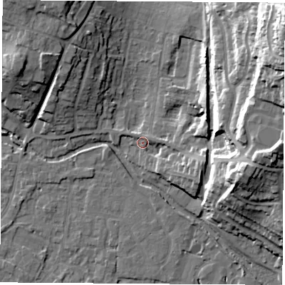 Shaded relief map of the ground around RG142HA, computed from Environment Agency LiDAR. The ground here sits at about 76 m above sea level and falls 36 m across the surrounding 800 m. Surface water reaching this point runs off ground lying to the east-south-east, 7.6 m higher.