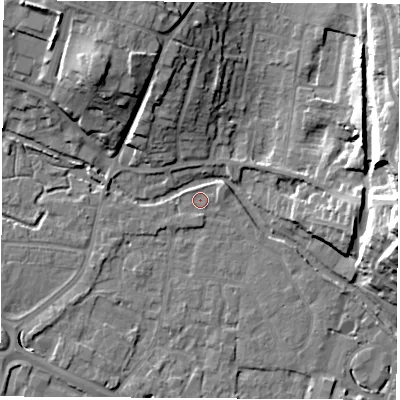 Shaded relief map of the ground around RG142HS, computed from Environment Agency LiDAR. The ground here sits at about 74 m above sea level and falls 20 m across the surrounding 800 m. Surface water reaching this point runs off ground lying to the east-north-east, 1.4 m higher.