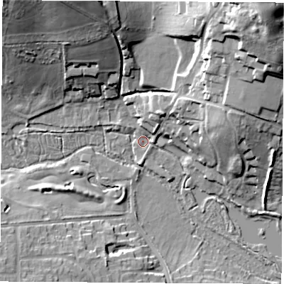 Shaded relief map of the ground around RG142JD, computed from Environment Agency LiDAR. The ground here sits at about 77 m above sea level and falls 29 m across the surrounding 800 m. Surface water reaching this point runs off ground lying to the north-north-west, 23.6 m higher.