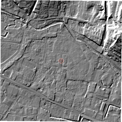 Shaded relief map of the ground around RG142LH, computed from Environment Agency LiDAR. The ground here sits at about 74 m above sea level and falls 24 m across the surrounding 800 m. Surface water reaching this point runs off ground lying to the west, 2.5 m higher.