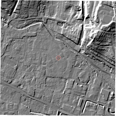 Shaded relief map of the ground around RG142LJ, computed from Environment Agency LiDAR. The ground here sits at about 74 m above sea level and falls 29 m across the surrounding 800 m. Surface water reaching this point runs off ground lying to the north-north-west, 0.5 m higher.