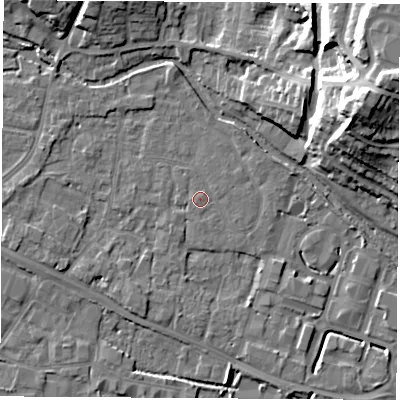 Shaded relief map of the ground around RG142NZ, computed from Environment Agency LiDAR. The ground here sits at about 74 m above sea level and falls 26 m across the surrounding 800 m. Surface water reaching this point runs off ground lying to the west, 2.6 m higher.