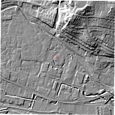 Shaded relief map of the ground around RG142PS, computed from Environment Agency LiDAR. The ground here sits at about 74 m above sea level and falls 30 m across the surrounding 800 m. Surface water reaching this point runs off ground lying to the south-south-west, 0.6 m higher.