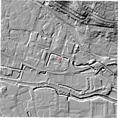 Shaded relief map of the ground around RG142PZ, computed from Environment Agency LiDAR. The ground here sits at about 74 m above sea level and falls 21 m across the surrounding 800 m. Surface water reaching this point runs off ground lying to the east, 3.2 m higher.