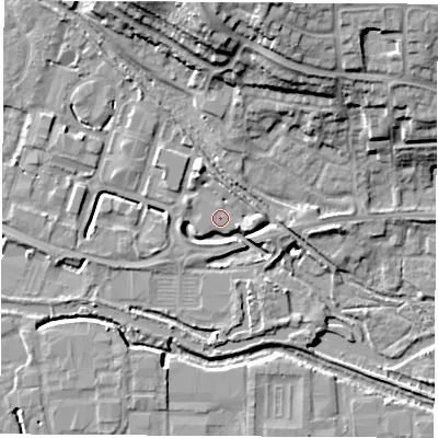 Shaded relief map of the ground around RG142QB, computed from Environment Agency LiDAR. The ground here sits at about 73 m above sea level and falls 21 m across the surrounding 800 m. Surface water reaching this point runs off ground lying to the east, 4.4 m higher.