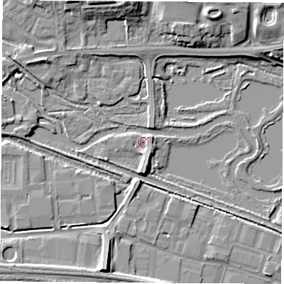 Shaded relief map of the ground around RG142QG, computed from Environment Agency LiDAR. The ground here sits at about 72 m above sea level and falls 14 m across the surrounding 800 m. Surface water reaching this point runs off ground lying to the south, 4.7 m higher.