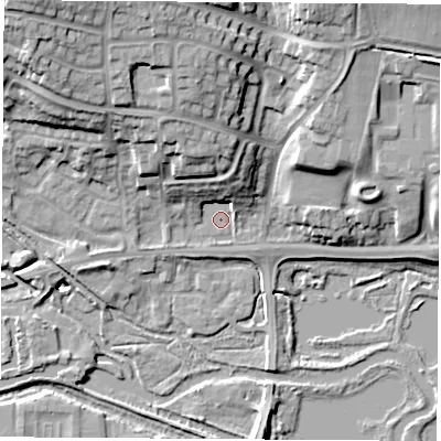 Shaded relief map of the ground around RG142QH, computed from Environment Agency LiDAR. The ground here sits at about 73 m above sea level and falls 24 m across the surrounding 800 m. Surface water reaching this point runs off ground lying to the north-north-east, 7.2 m higher.