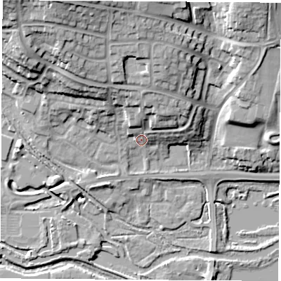 Shaded relief map of the ground around RG142QN, computed from Environment Agency LiDAR. The ground here sits at about 75 m above sea level and falls 26 m across the surrounding 800 m. Surface water reaching this point runs off ground lying to the north, 10.1 m higher.