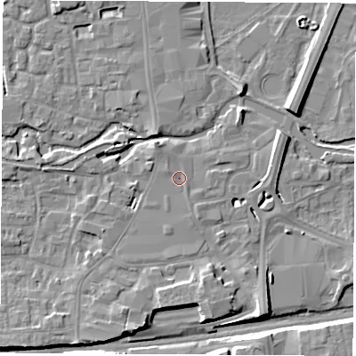 Shaded relief map of the ground around RG145AA, computed from Environment Agency LiDAR. The ground here sits at about 77 m above sea level and falls 8 m across the surrounding 800 m. Surface water reaching this point runs off ground lying to the north-north-west, 0.7 m higher.