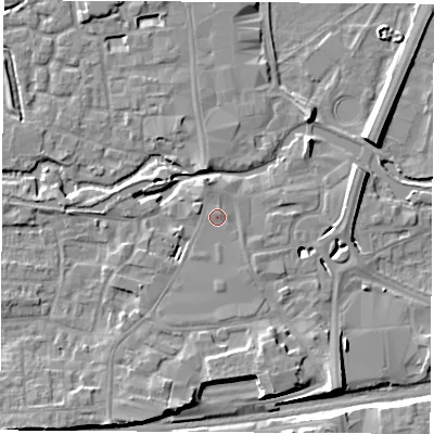 Shaded relief map of the ground around RG145AD, computed from Environment Agency LiDAR. The ground here sits at about 77 m above sea level and falls 8 m across the surrounding 800 m. Surface water reaching this point runs off ground lying to the north, 0.7 m higher.