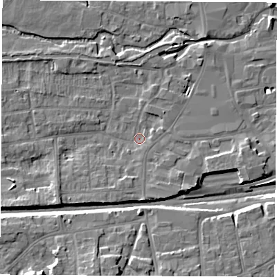 Shaded relief map of the ground around RG145AE, computed from Environment Agency LiDAR. The ground here sits at about 76 m above sea level and falls 13 m across the surrounding 800 m. Surface water reaching this point runs off ground lying to the south-west, 5.2 m higher.