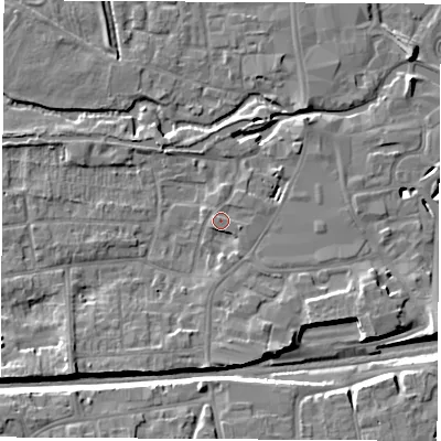 Shaded relief map of the ground around RG145AF, computed from Environment Agency LiDAR. The ground here sits at about 77 m above sea level and falls 10 m across the surrounding 800 m. Surface water reaching this point runs off ground lying to the east-south-east, 1.8 m higher.