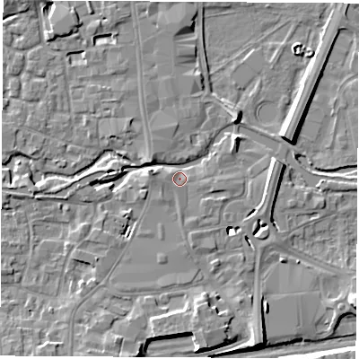 Shaded relief map of the ground around RG145AG, computed from Environment Agency LiDAR. The ground here sits at about 76 m above sea level and falls 8 m across the surrounding 800 m. Surface water reaching this point runs off ground lying to the east, 5.1 m higher.