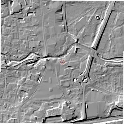 Shaded relief map of the ground around RG145AN, computed from Environment Agency LiDAR. The ground here sits at about 76 m above sea level and falls 8 m across the surrounding 800 m. Surface water reaching this point runs off ground lying to the south, 1.7 m higher.
