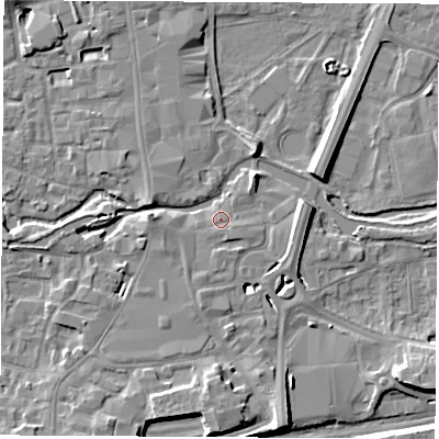 Shaded relief map of the ground around RG145AP, computed from Environment Agency LiDAR. The ground here sits at about 76 m above sea level and falls 8 m across the surrounding 800 m. Surface water reaching this point runs off ground lying to the east, 5.1 m higher.