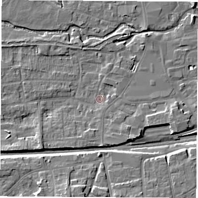 Shaded relief map of the ground around RG145AQ, computed from Environment Agency LiDAR. The ground here sits at about 76 m above sea level and falls 13 m across the surrounding 800 m. Surface water reaching this point runs off ground lying to the south-west, 5.2 m higher.