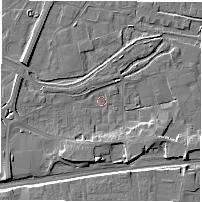 Shaded relief map of the ground around RG145AR, computed from Environment Agency LiDAR. The ground here sits at about 74 m above sea level and falls 9 m across the surrounding 800 m. Surface water reaching this point runs off ground lying to the south-south-west, 5.0 m higher.