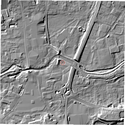 Shaded relief map of the ground around RG145AS, computed from Environment Agency LiDAR. The ground here sits at about 76 m above sea level and falls 9 m across the surrounding 800 m. Surface water reaching this point runs off ground lying to the east-south-east, 4.0 m higher.