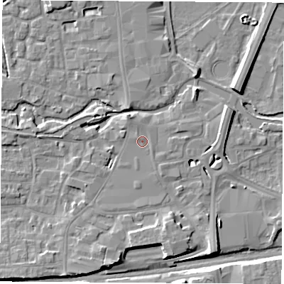 Shaded relief map of the ground around RG145AT, computed from Environment Agency LiDAR. The ground here sits at about 77 m above sea level and falls 8 m across the surrounding 800 m. Surface water reaching this point runs off ground lying to the north-north-west, 0.7 m higher.
