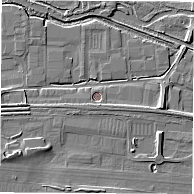 Shaded relief map of the ground around RG145AW, computed from Environment Agency LiDAR. The ground here sits at about 73 m above sea level and falls 11 m across the surrounding 800 m. Surface water reaching this point runs off ground lying to the south-south-east, 2.7 m higher.