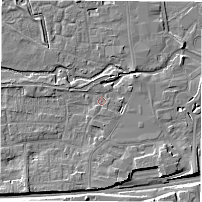 Shaded relief map of the ground around RG145AX, computed from Environment Agency LiDAR. The ground here sits at about 76 m above sea level and falls 9 m across the surrounding 800 m. Surface water reaching this point runs off ground lying to the south-south-east, 1.2 m higher.