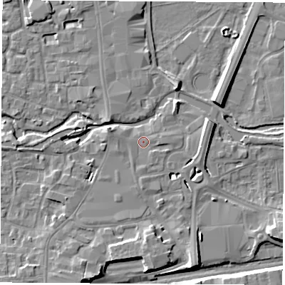 Shaded relief map of the ground around RG145BA, computed from Environment Agency LiDAR. The ground here sits at about 76 m above sea level and falls 8 m across the surrounding 800 m. Surface water reaching this point runs off ground lying to the south, 1.1 m higher.
