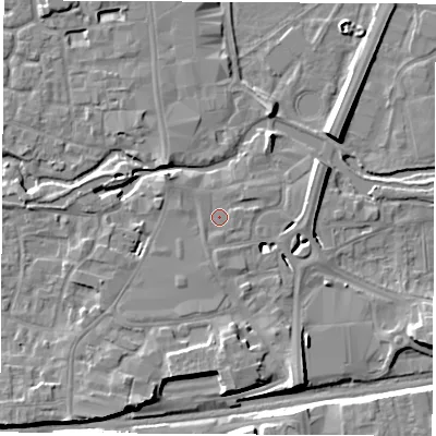 Shaded relief map of the ground around RG145BD, computed from Environment Agency LiDAR. The ground here sits at about 76 m above sea level and falls 8 m across the surrounding 800 m. Surface water reaching this point runs off ground lying to the south, 0.8 m higher.