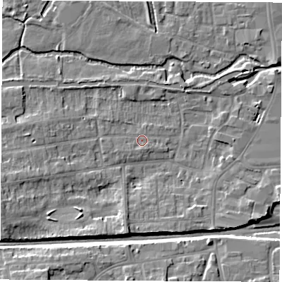 Shaded relief map of the ground around RG145BL, computed from Environment Agency LiDAR. The ground here sits at about 77 m above sea level and falls 10 m across the surrounding 800 m. Surface water reaching this point runs off ground lying to the south, 0.8 m higher.