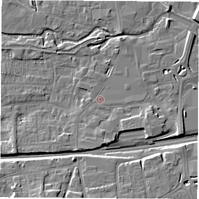 Shaded relief map of the ground around RG145BN, computed from Environment Agency LiDAR. The ground here sits at about 77 m above sea level and falls 12 m across the surrounding 800 m. Surface water reaching this point runs off ground lying to the south, 2.3 m higher.