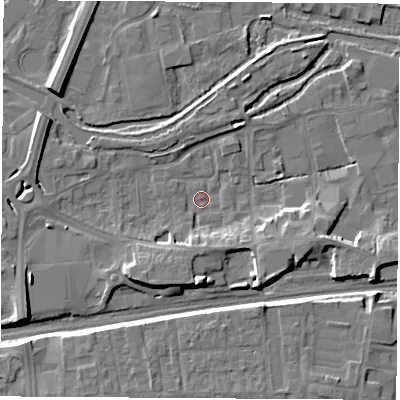 Shaded relief map of the ground around RG145BU, computed from Environment Agency LiDAR. The ground here sits at about 74 m above sea level and falls 9 m across the surrounding 800 m. Surface water reaching this point runs off ground lying to the south-south-west, 5.0 m higher.
