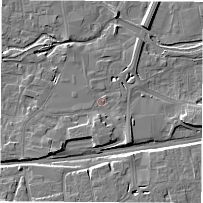 Shaded relief map of the ground around RG145BX, computed from Environment Agency LiDAR. The ground here sits at about 76 m above sea level and falls 10 m across the surrounding 800 m. Surface water reaching this point runs off ground lying to the south, 3.8 m higher.
